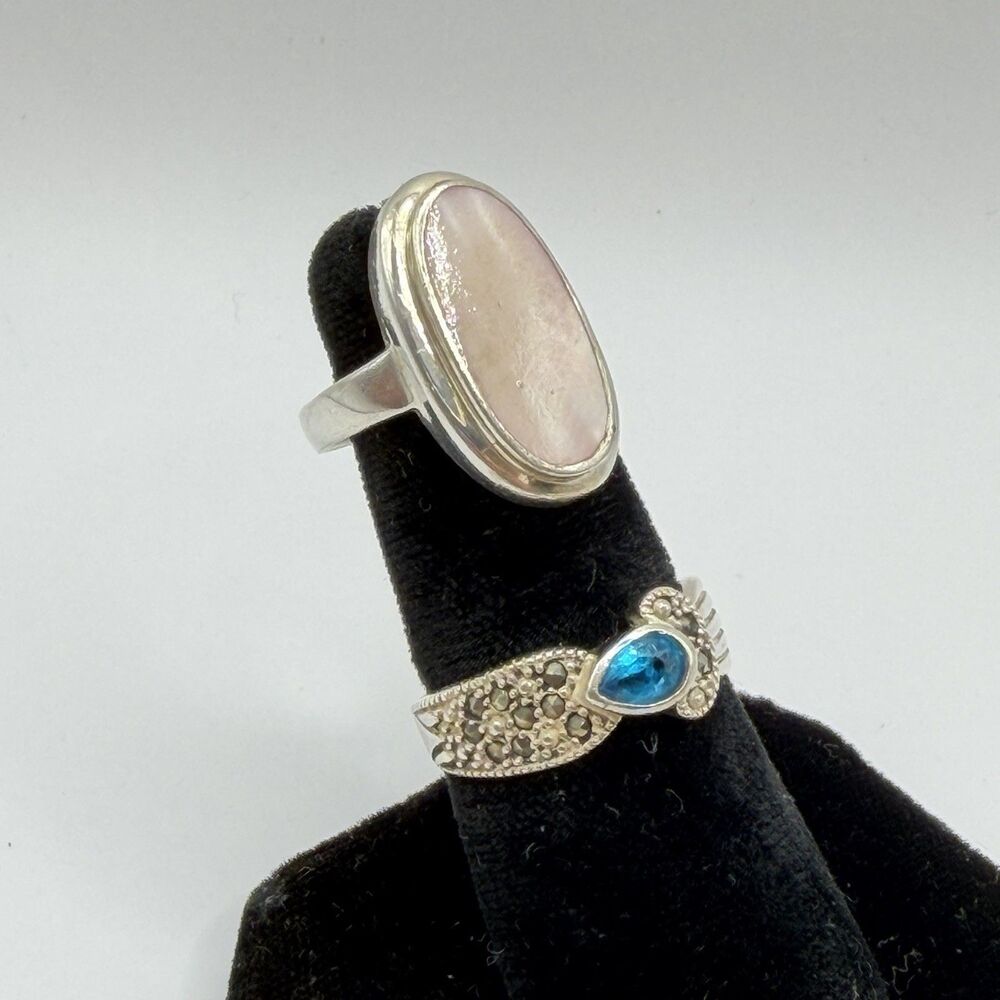 Sterling Silver Blue Topaz Marcasite & Mother of Pearl Rings Lot of 2 Size 7 925